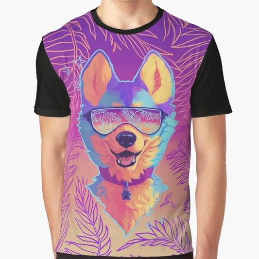 A graphic t-shirt featuring a sparkle dog with an anthro, vaporwave-inspired design.