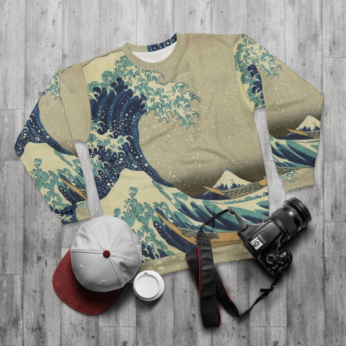 Kanagawa Wave Sweatshirt - Hokusai inspired wave art design - flat lay