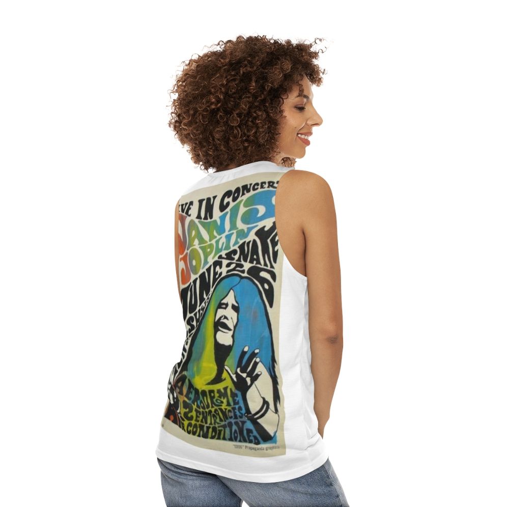 Janis Joplin concert poster design on a unisex tank top - women back