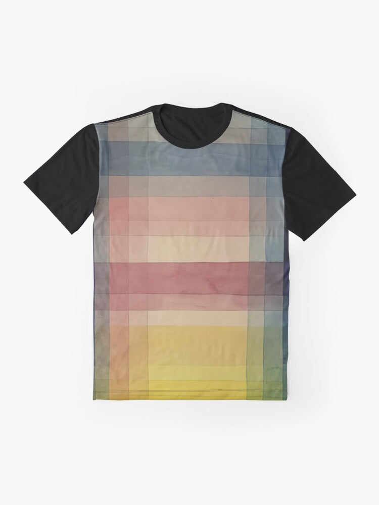 "Colorful graphic t-shirt featuring Paul Klee's "Architecture of the Plain" 1923 cubist art design" - Flat lay