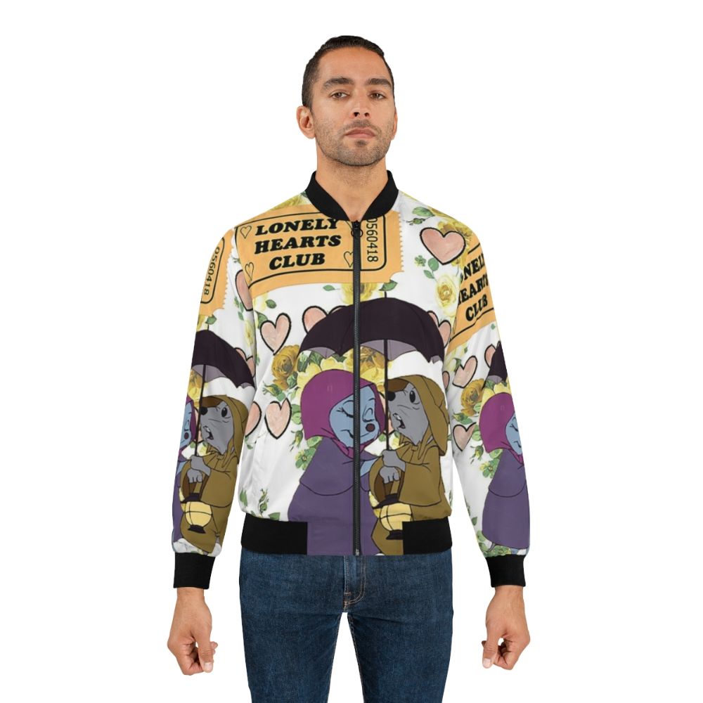 Vintage-style bomber jacket inspired by the classic Disney animated film "The Rescuers", featuring the main characters Miss Bianca, Bernard, and mice. - Lifestyle