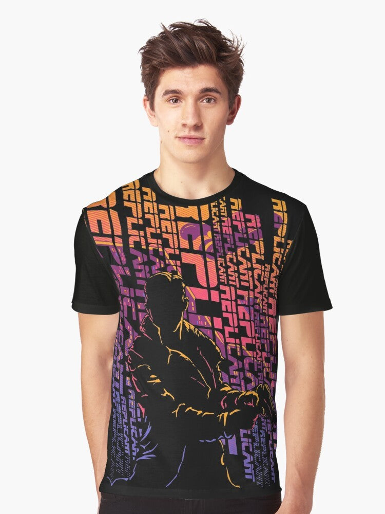 Blade Runner sci-fi movie graphic t-shirt featuring futuristic city, androids, and police spinner - Men