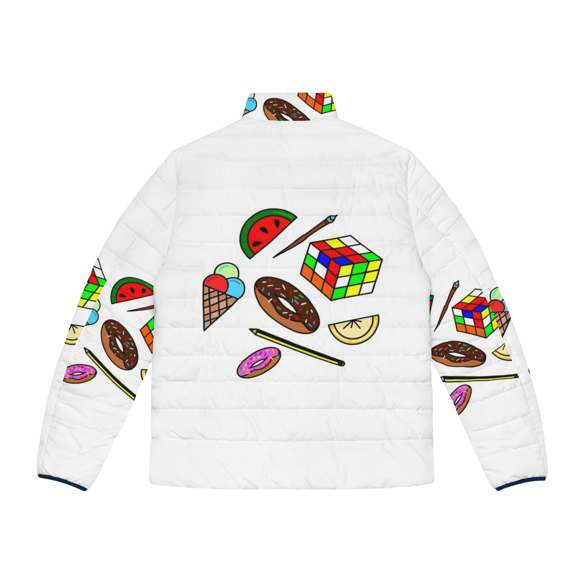 Colorful puffer jacket with hobbies and food designs for kids - Back