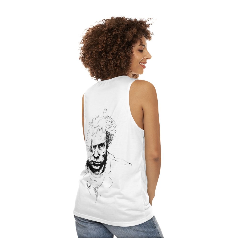 Punk rock unisex tank top with rebellious and anti-establishment design - women back