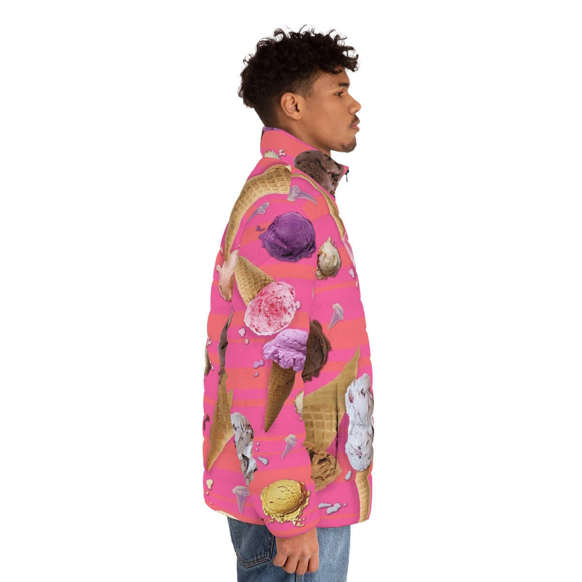 "We All Scream" puffer jacket featuring colorful ice cream graphics and patterns - men side right