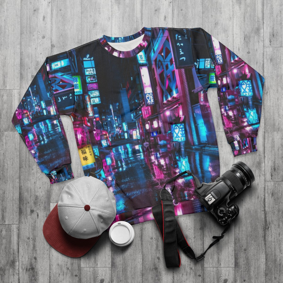 Tokyo Shimbashi Cyberpunk Neon Sweatshirt - flat lay