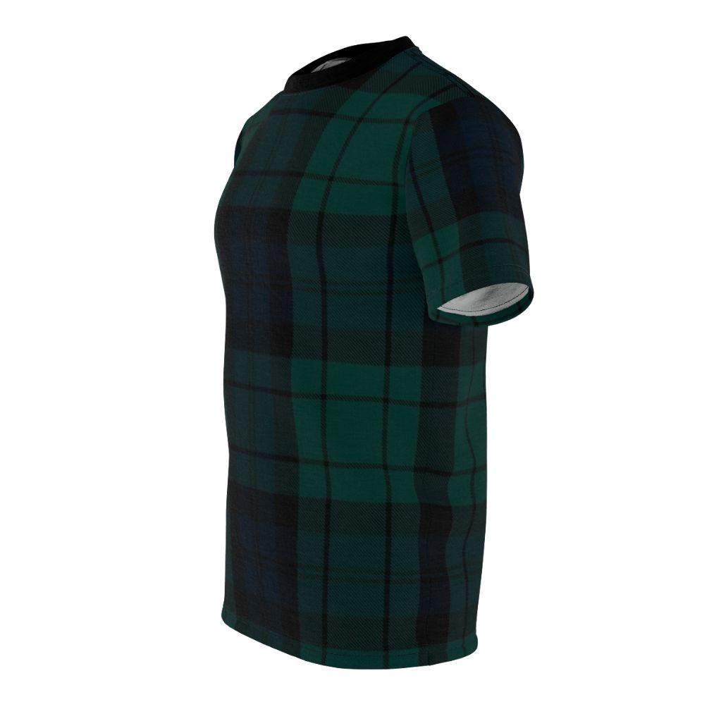 Stylish t-shirt featuring the iconic Black Watch tartan pattern, a celebrated Scottish clan design. - men left