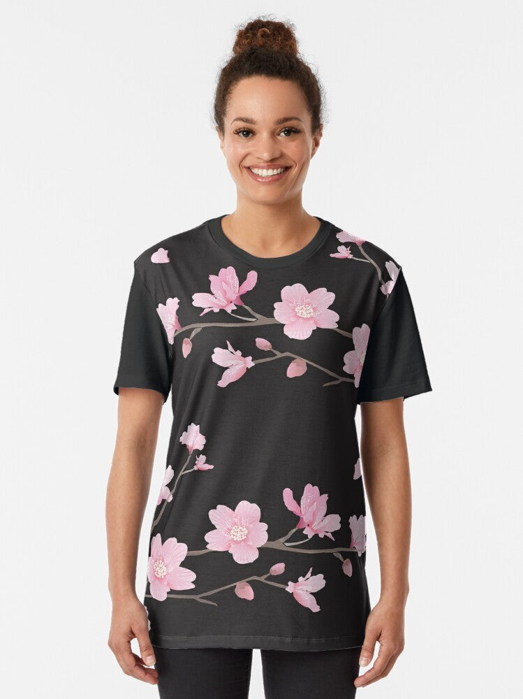 Elegant cherry blossom flower plant graphic t-shirt in black - Women