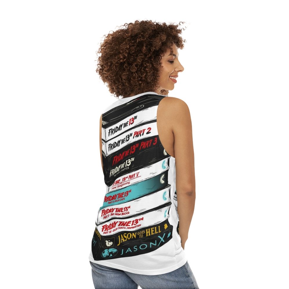 Retro Friday the 13th VHS Stack Unisex Tank Top - women back