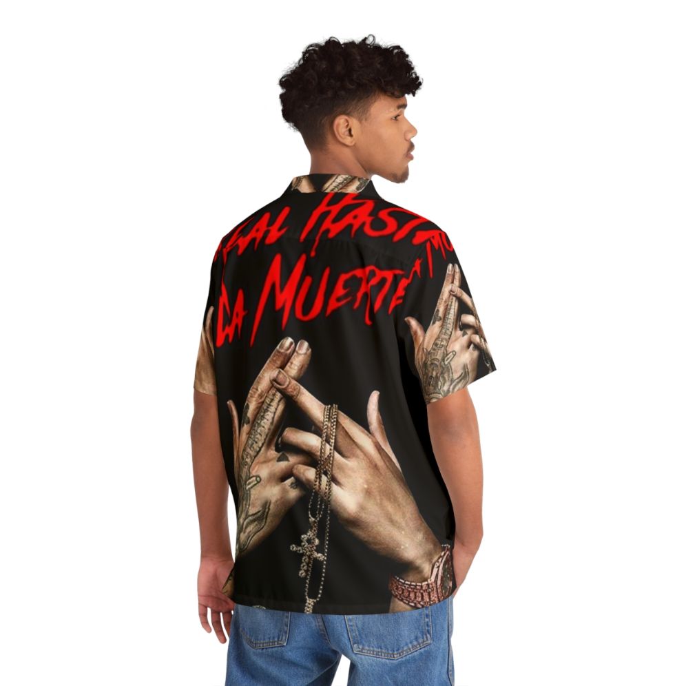 Anuel AA "Real Hasta La Muerte" Hawaiian Shirt with Tropical Print - Flat lay