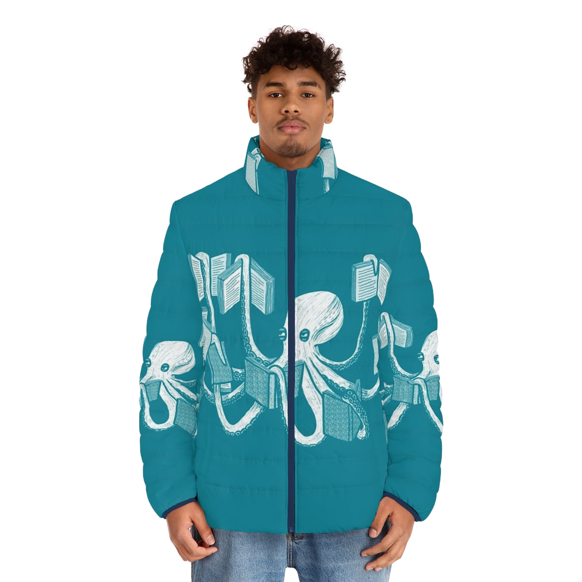 Puffer jacket with an octopus, squid, and book graphic design for book lovers - men front