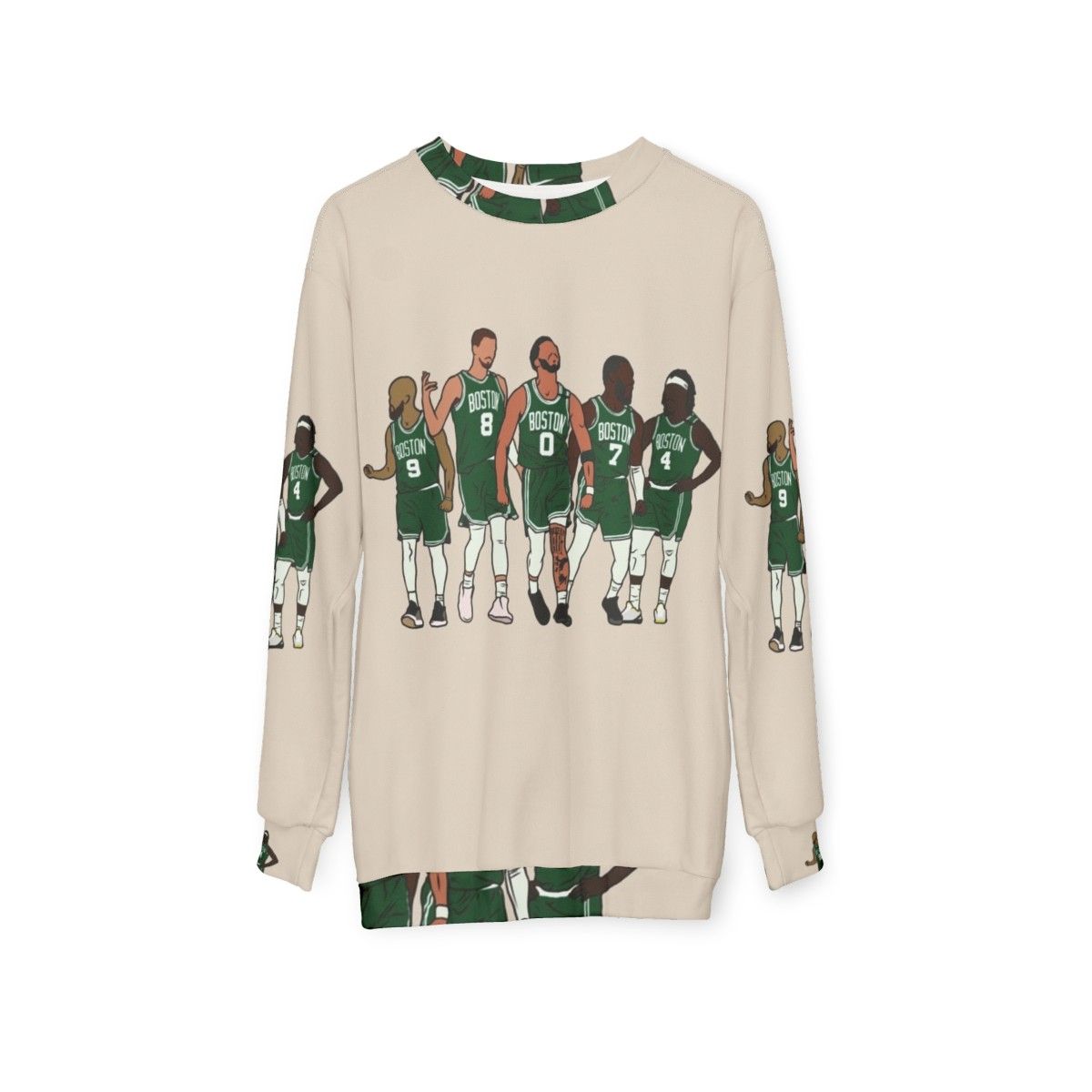 Boston Celtics Big 4 Sweatshirt featuring Kristaps Porzingis, Jrue Holiday, Jayson Tatum, and Jaylen Brown - hanging