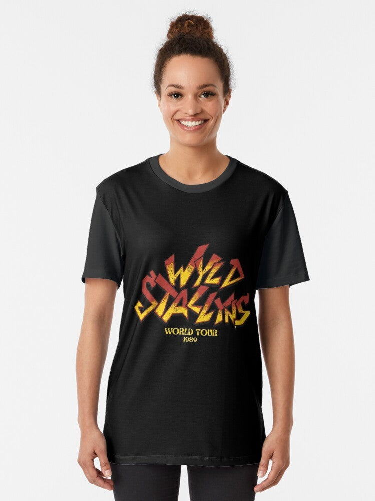 Wyld Stallyns 1989 graphic t-shirt featuring Bill and Ted, characters from the cult classic movie Bill and Ted's Excellent Adventure, starring Keanu Reeves. - Women