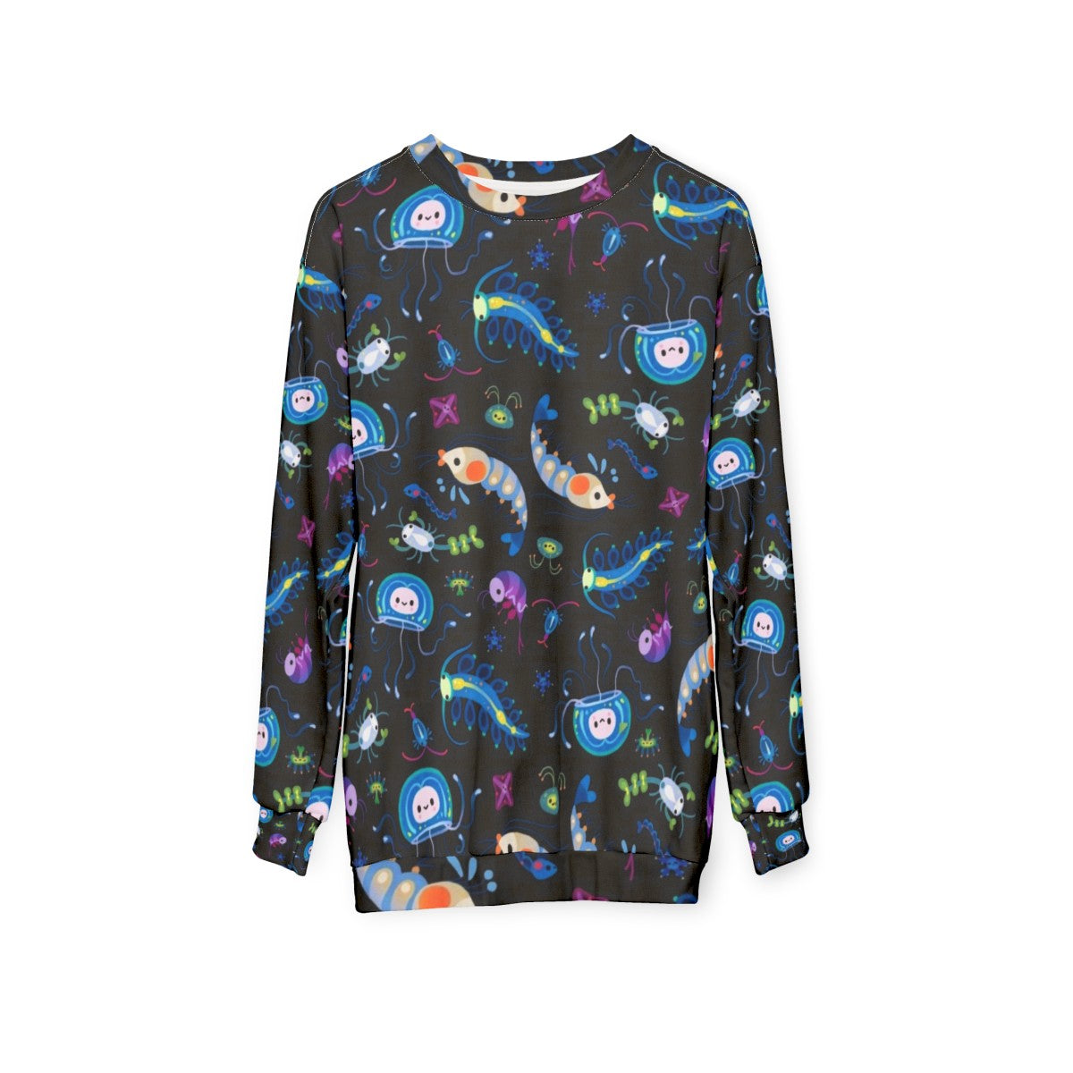 Zooplankton sweatshirt featuring microscopic ocean creatures - hanging