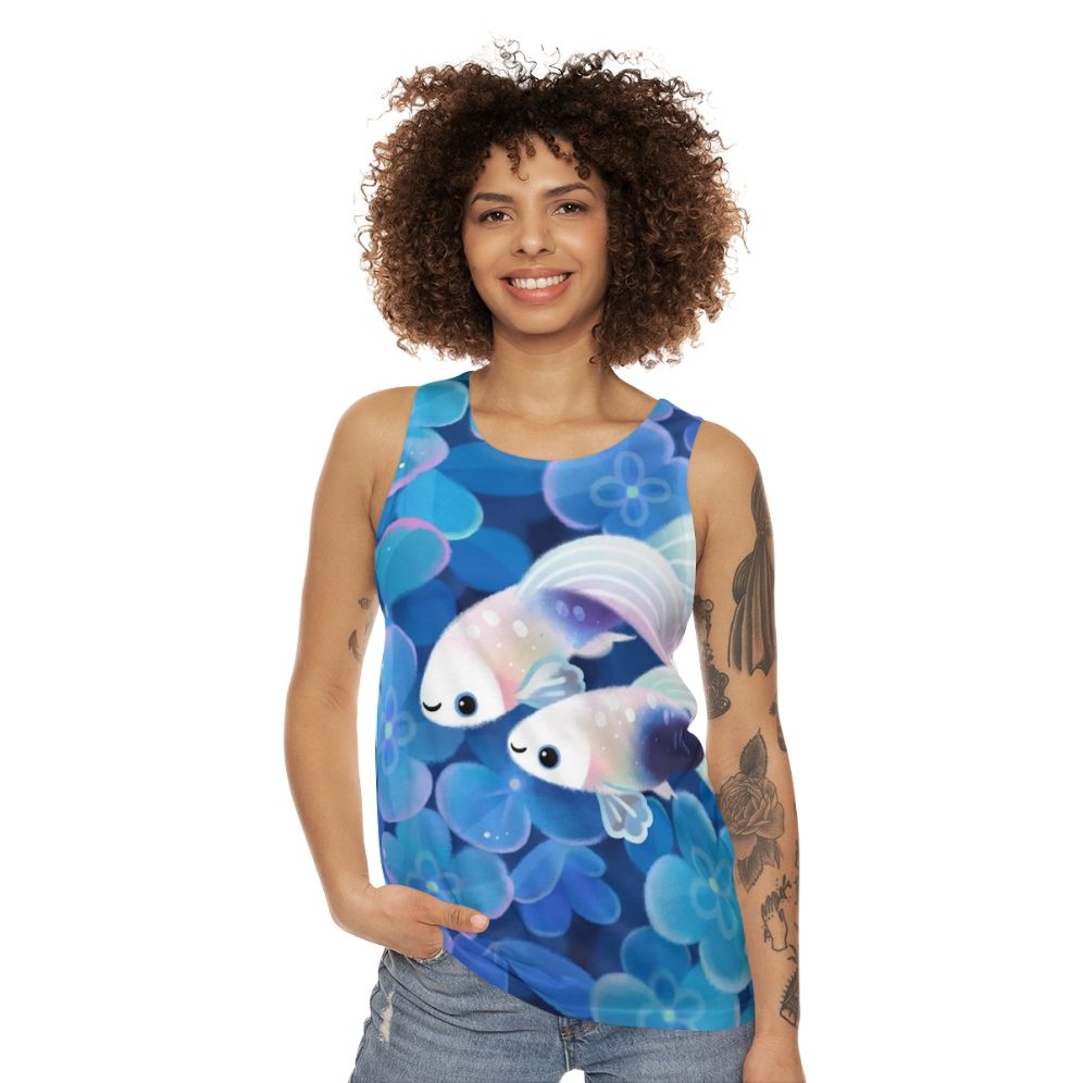 Unisex tuxedo guppy tank top with blue hydrangea floral design - women