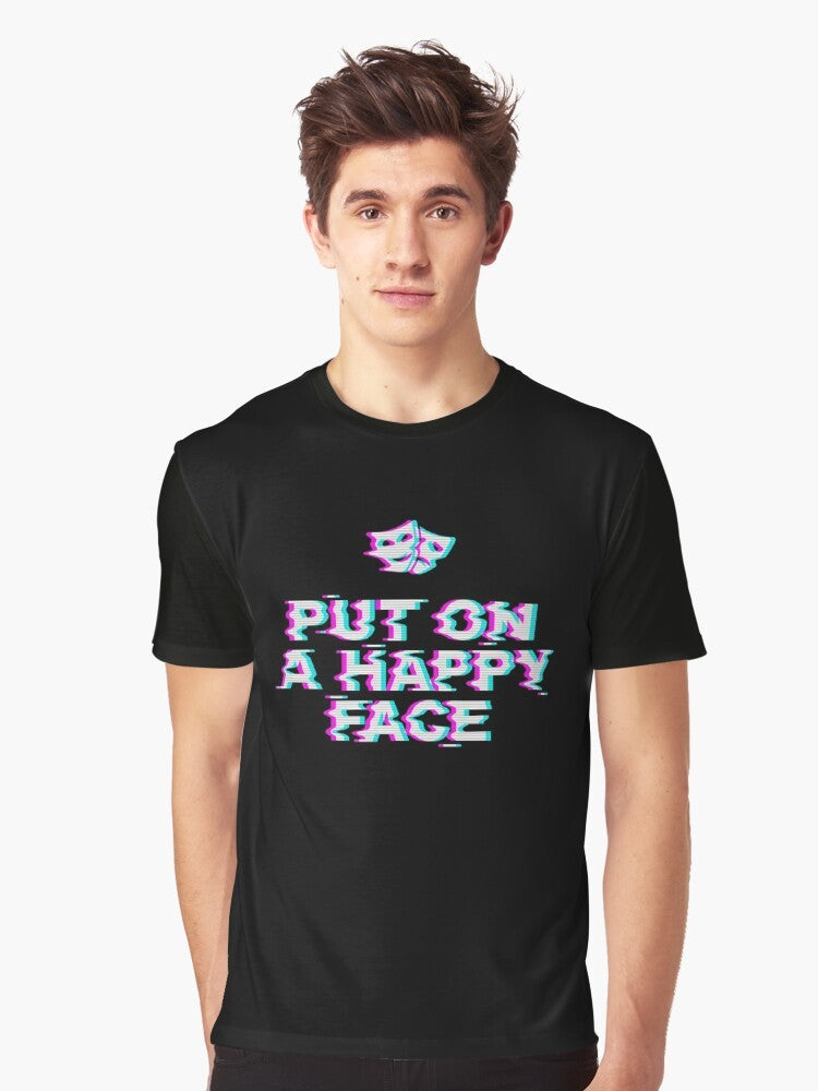 Joker-inspired graphic t-shirt with a happy face design that represents the contrast between happiness and sadness. - Men