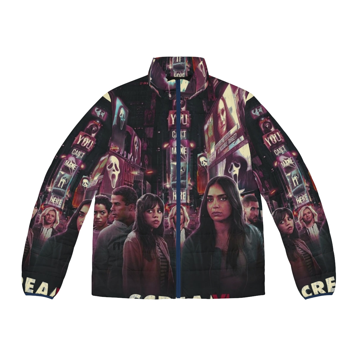 Scream 6 "You Failed Here" Puffer Jacket featuring Ghostface and Scream franchise characters