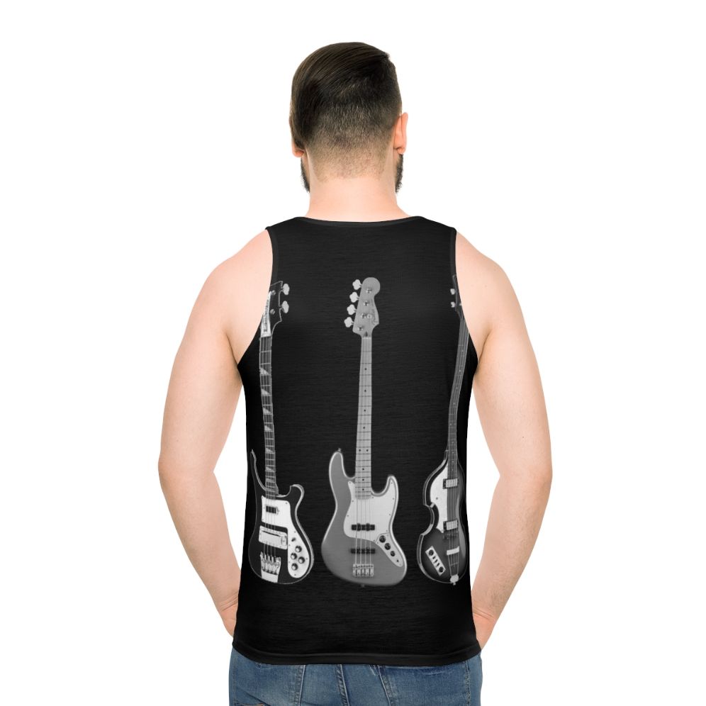 Unisex tank top featuring bass and guitar designs - men back