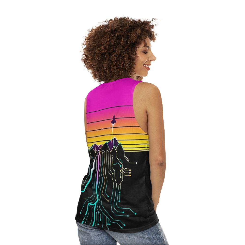 Unisex tank top with synthwave, vaporwave, and NASA space-inspired design - women back