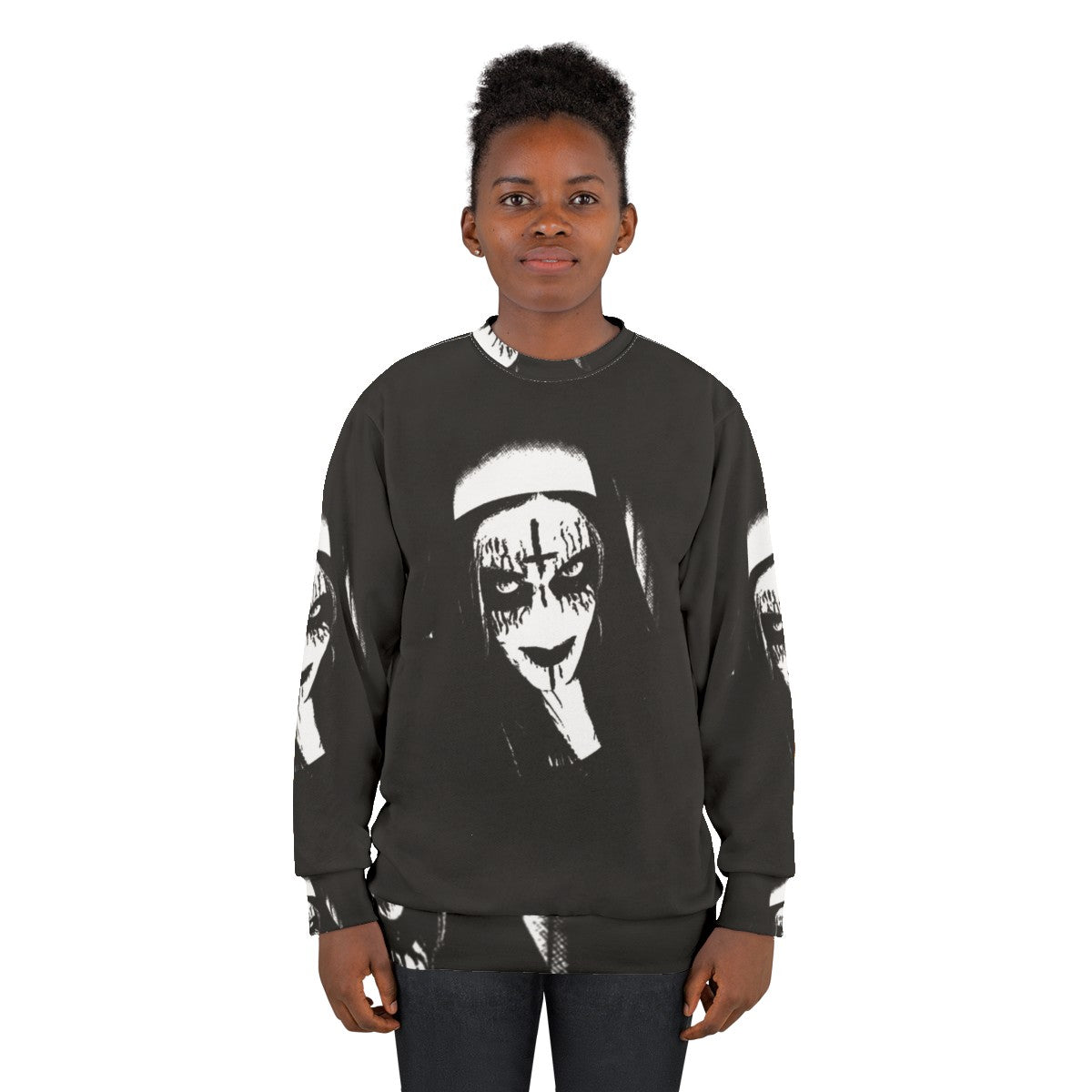 Satanic Sweatshirt with Corpse Paint and Nun Design - women