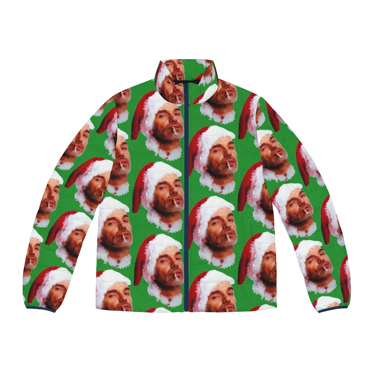 Bad Santa smoking a cigarette wearing a festive puffer jacket