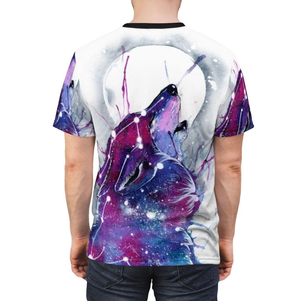 A t-shirt featuring a vibrant galaxy wolf design against a starry space background - men back