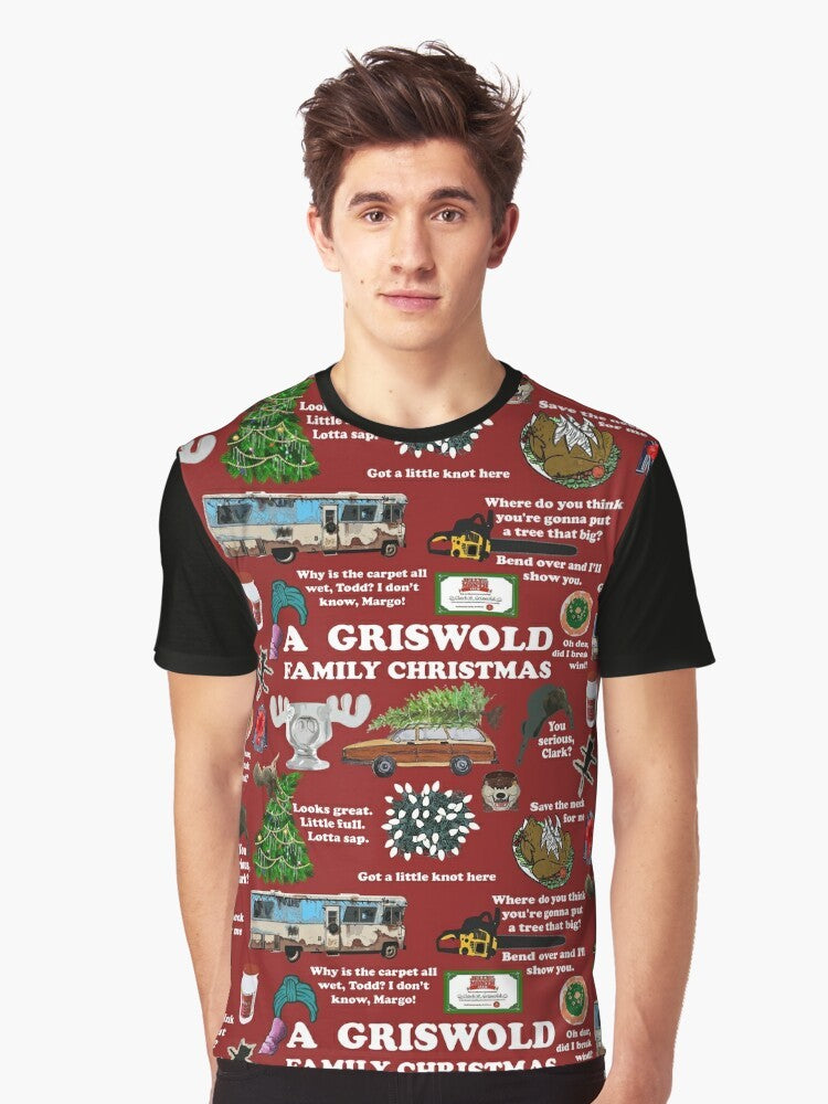 National Lampoon's Christmas Vacation themed graphic t-shirt featuring iconic characters and quotes from the classic comedy film. - Men