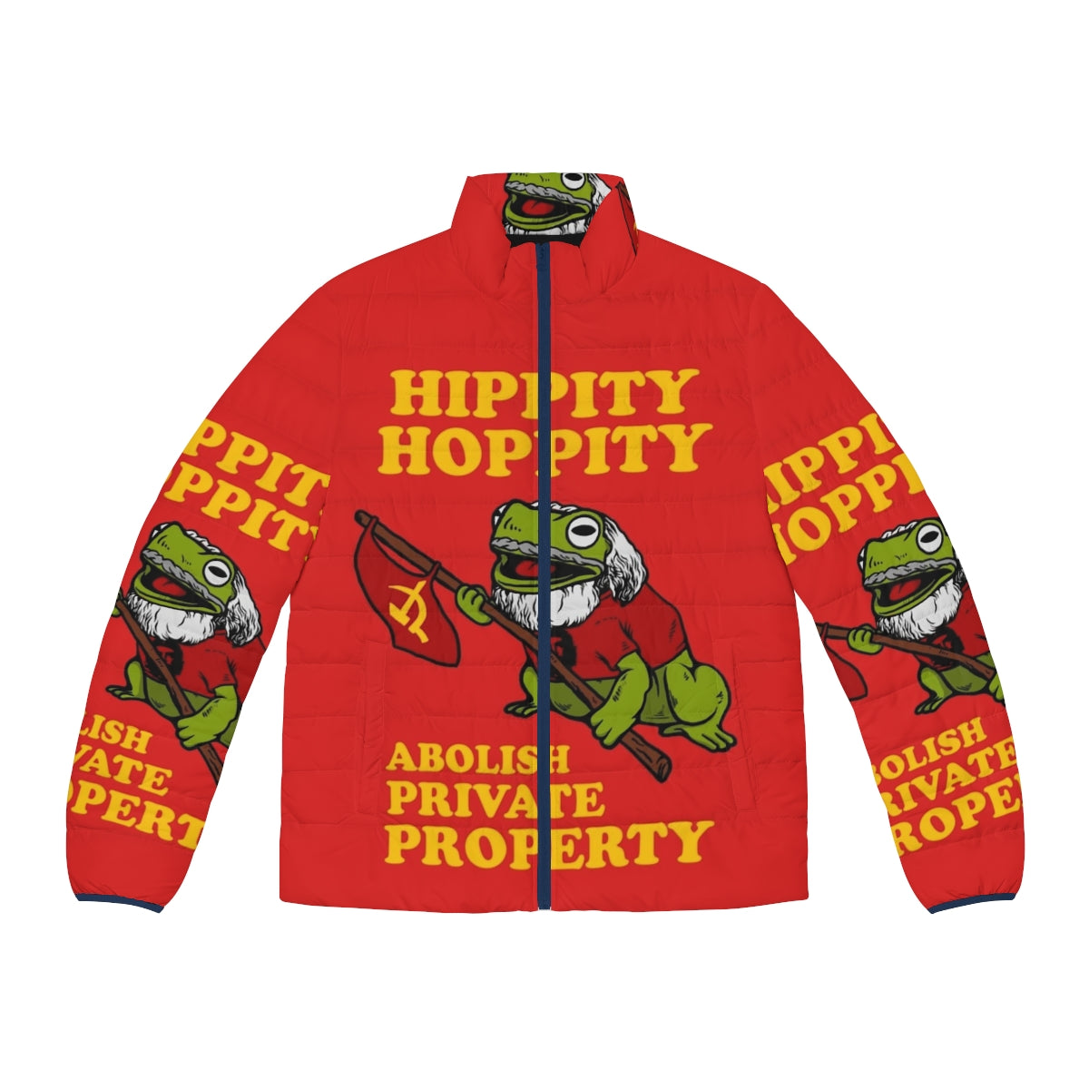 Hippity Hoppity Abolish Private Property Puffer Jacket featuring communist and socialist memes, hammer and sickle, and Che Guevara