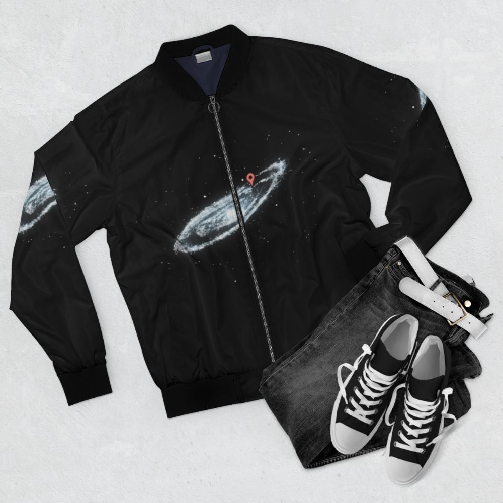 Milky Way Galaxy Bomber Jacket with Star Labs Design - Flat lay