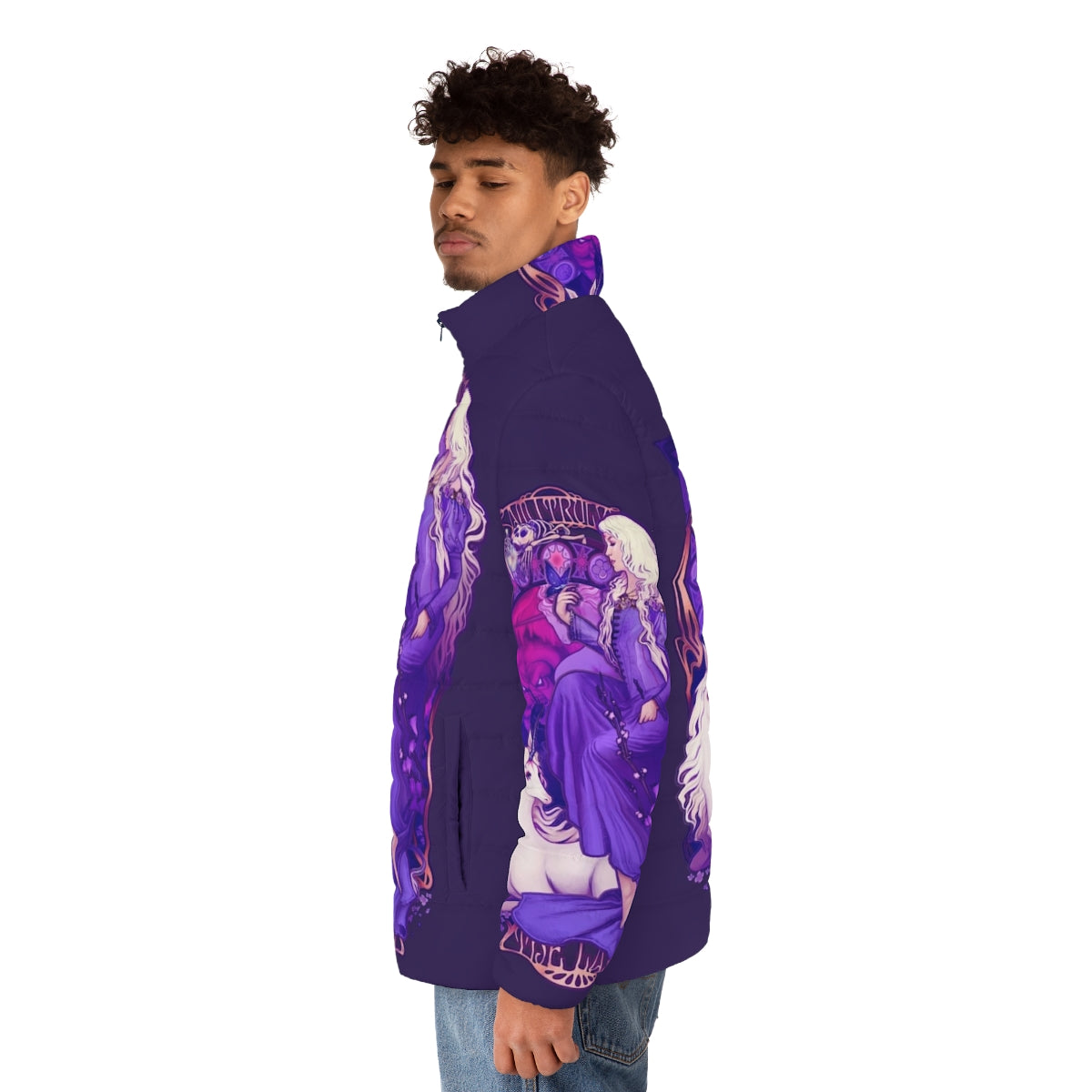 A puffer jacket with a retro, art nouveau-inspired unicorn design - men side left