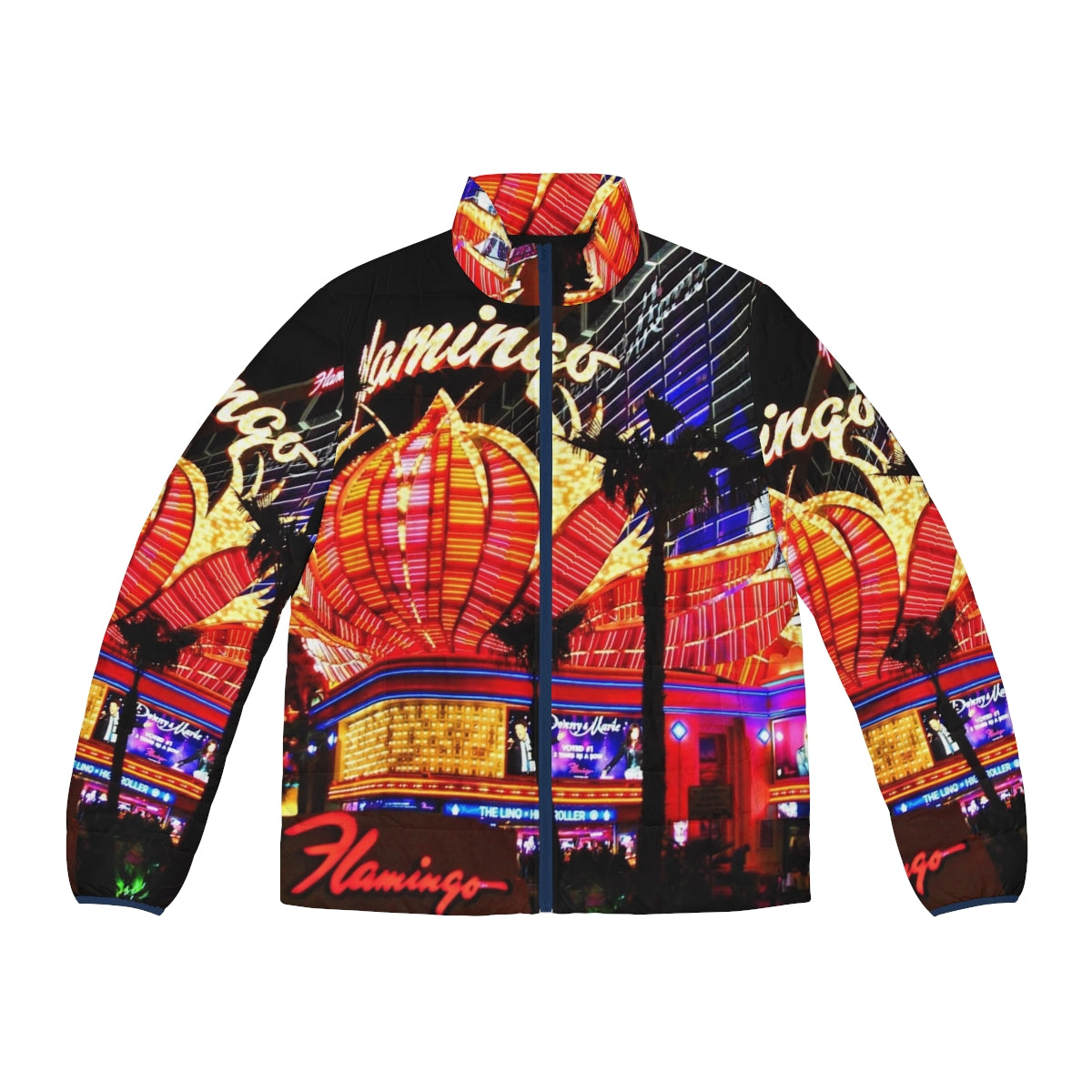 American puffer jacket featuring colorful Flamingo Las Vegas neon signs