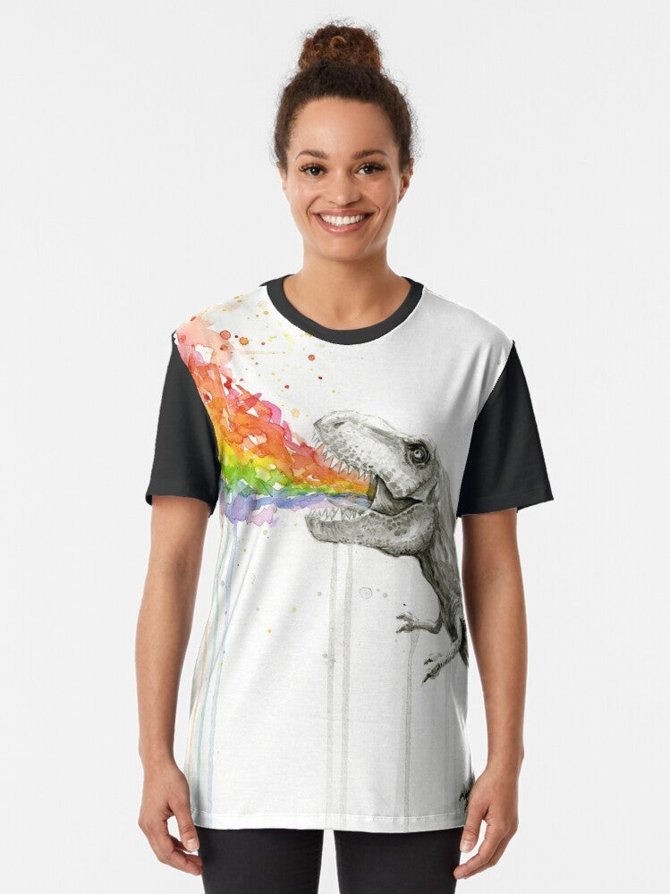 Whimsical watercolor illustration of a T-Rex dinosaur vomiting a colorful rainbow. - Women