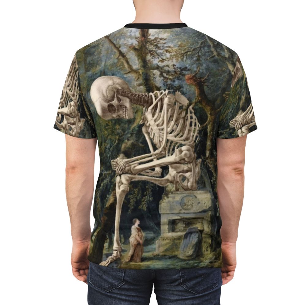 Surreal portrait t-shirt with pop surrealism and dark collage art design featuring a skull and skeleton - men back