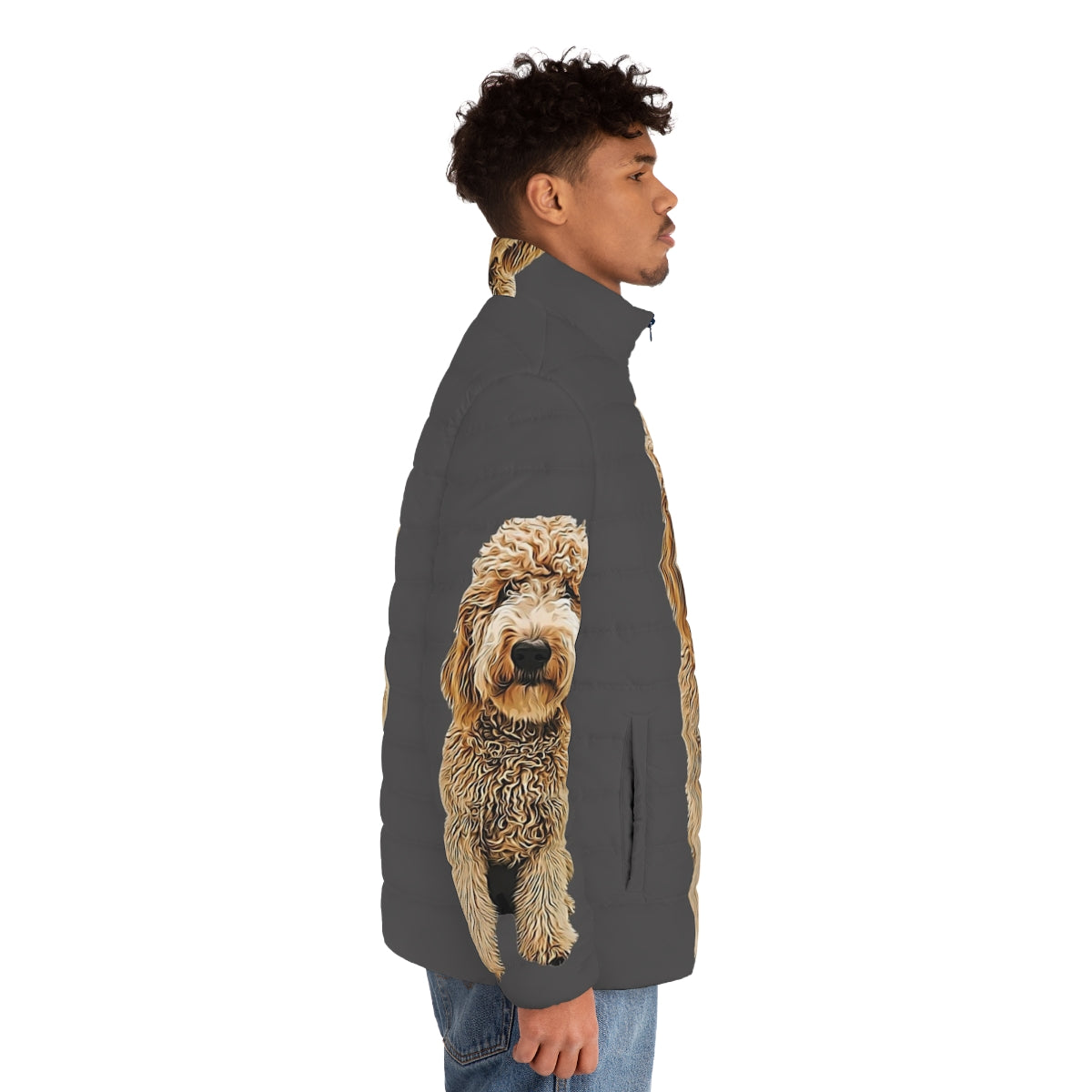 Goldendoodle and Labradoodle wearing a puffer jacket - men side right