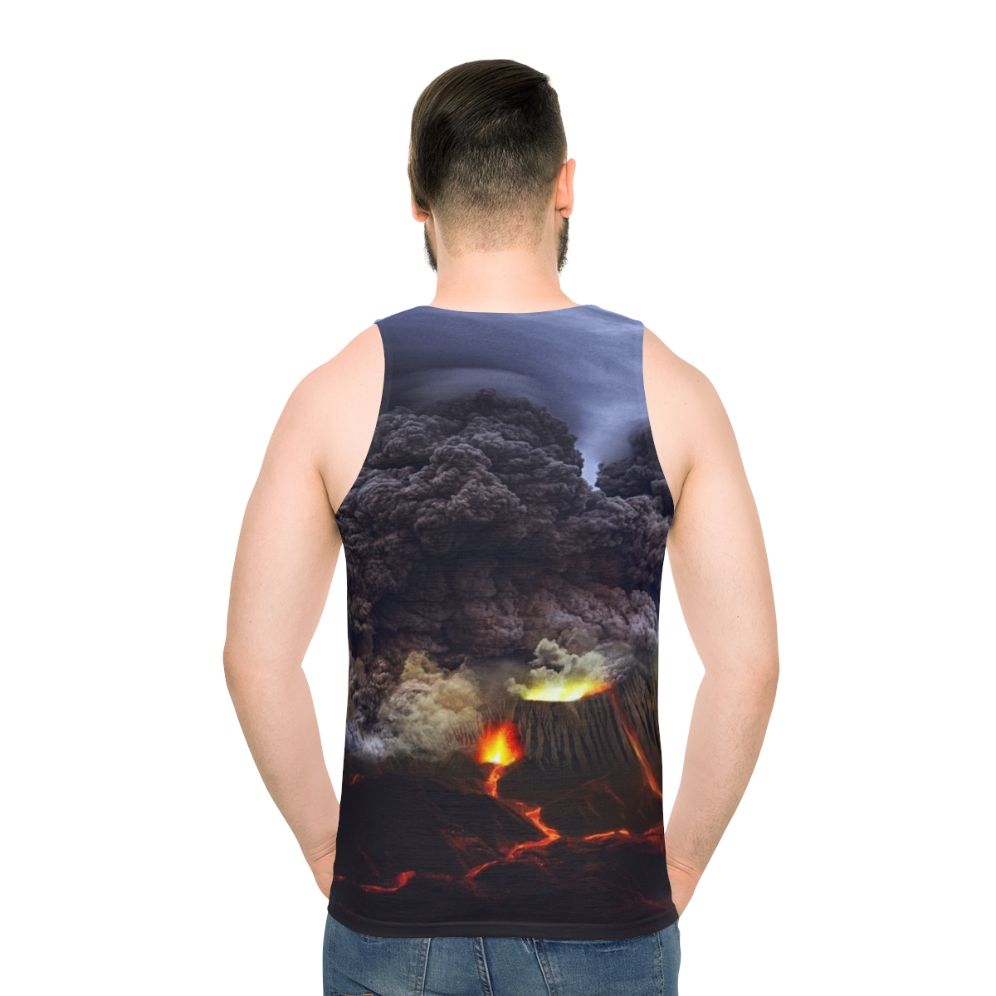 Volcano erupting with lava flow and fiery mountain landscape - men back