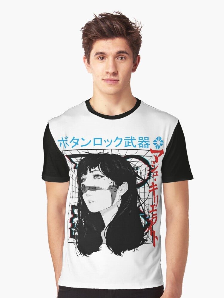 Cyberpunk cyborg girl in vaporwave-inspired urban style graphic t-shirt design. - Men