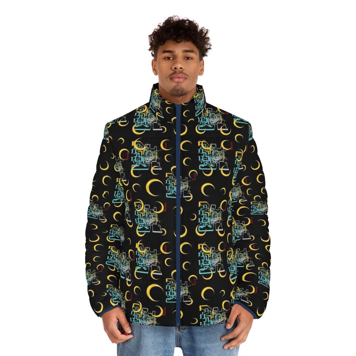 Colorful dan flashes pattern puffer jacket with abstract and graphic designs - men front