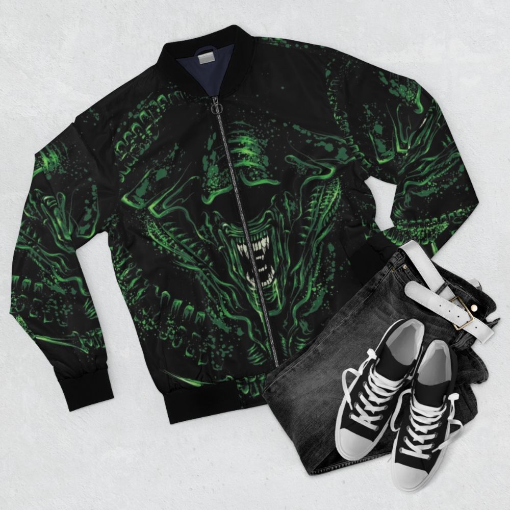 Alien Xenomorph Bomber Jacket, featuring a dark and horror-inspired design - Flat lay