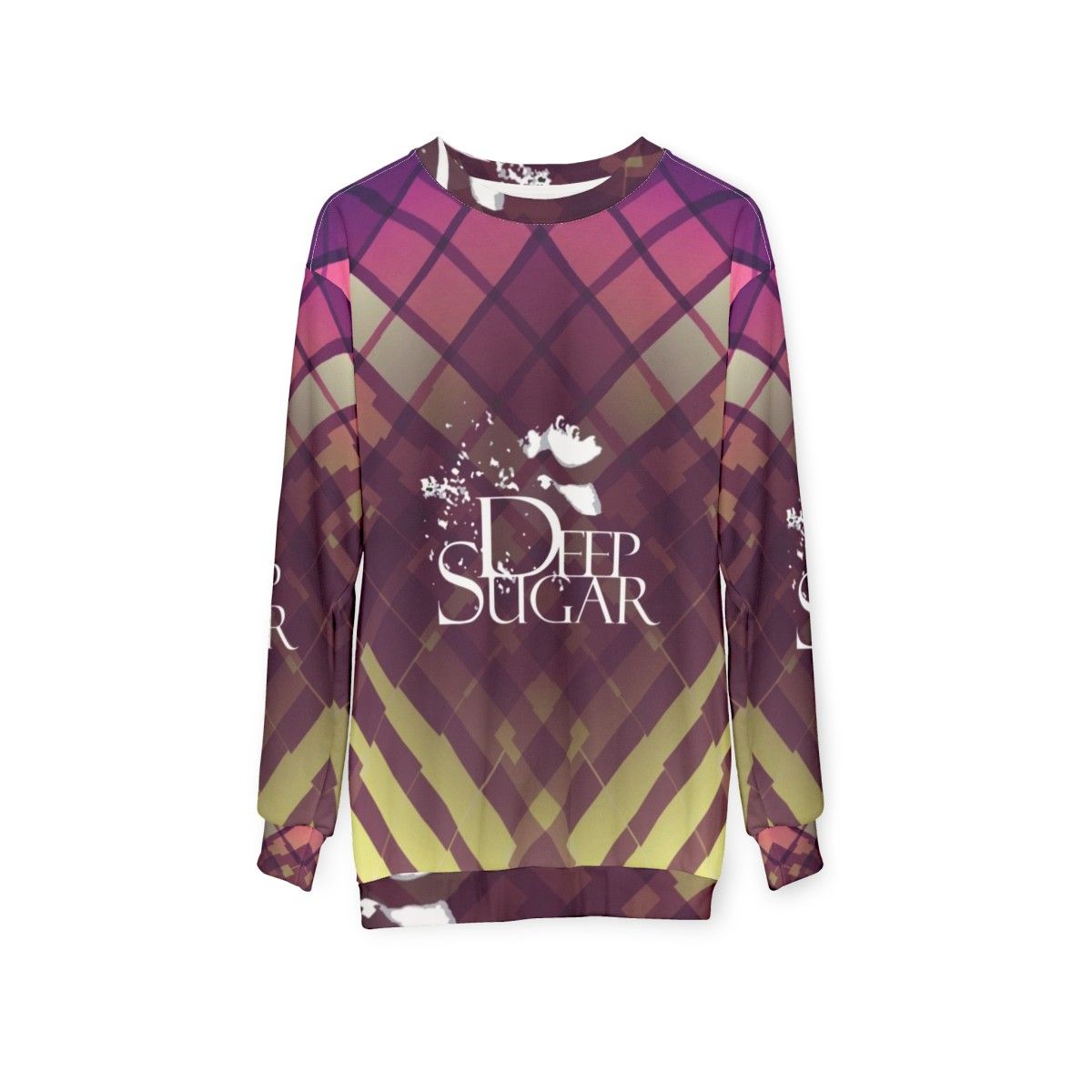 Colorful "Deep Sugar" sweatshirt featuring Ultra Nate, a female house music singer from Baltimore - hanging