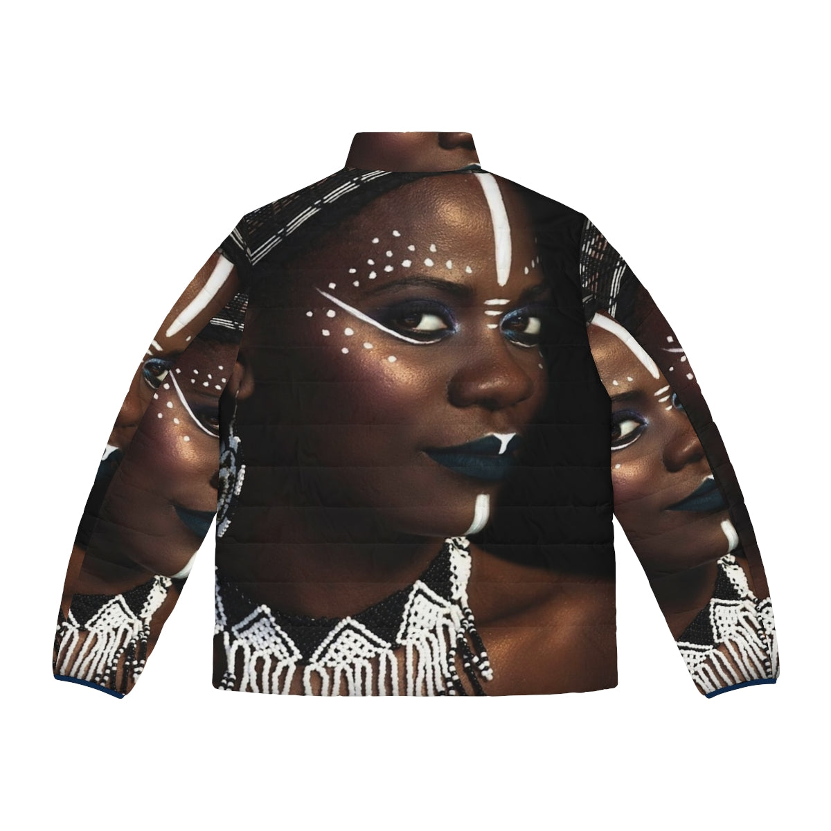 A stylish African-inspired puffer jacket with a regal, tribal design - Back