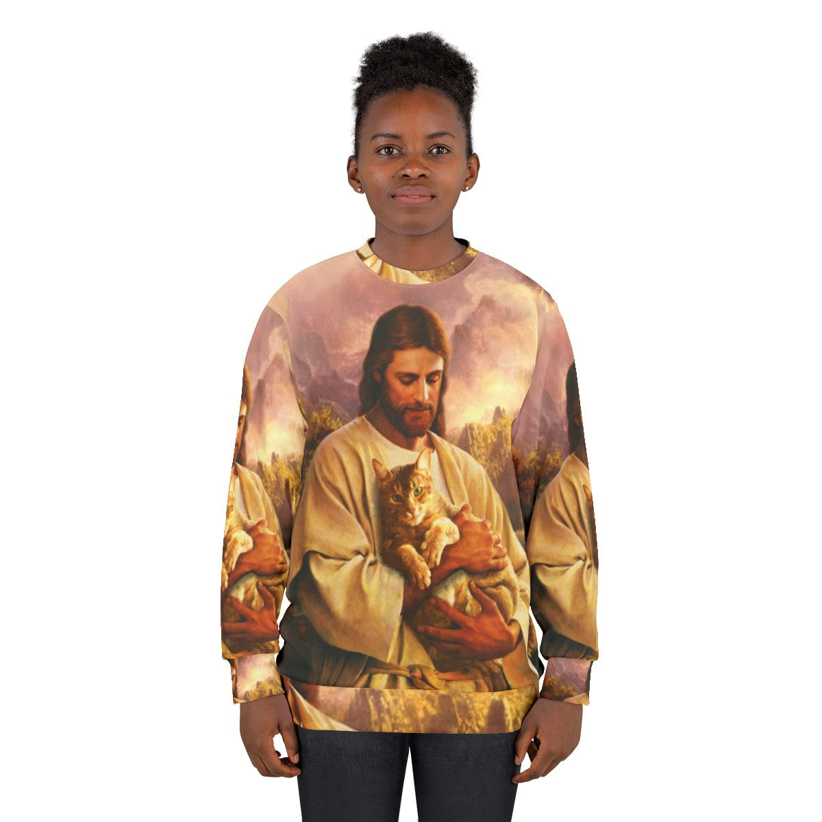 The Cat of Christ Christian Sweatshirt with a cat dressed as Jesus - women