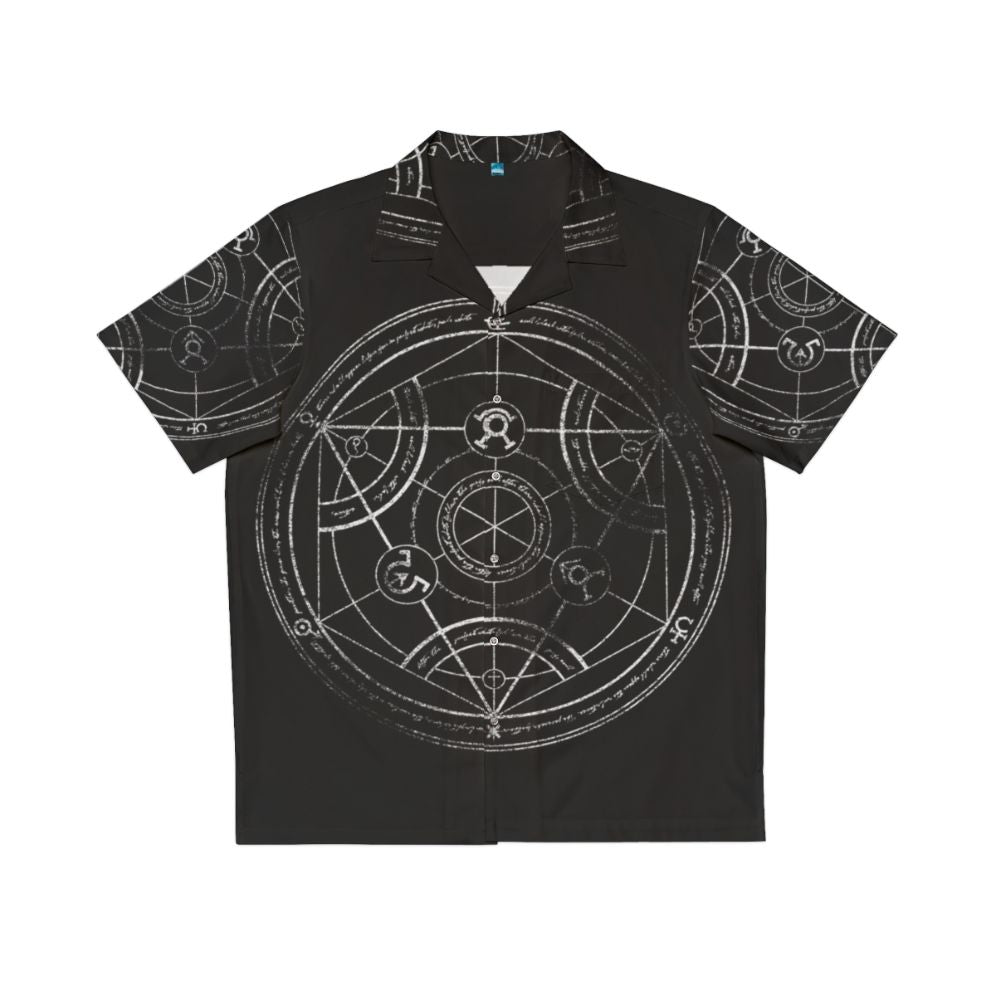 Fullmetal Alchemist inspired human transmutation circle chalk design on a Hawaiian shirt