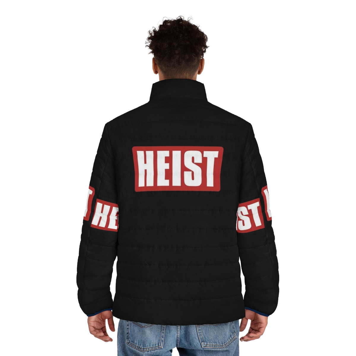 Stylish money heist puffer jacket with text art design - men back