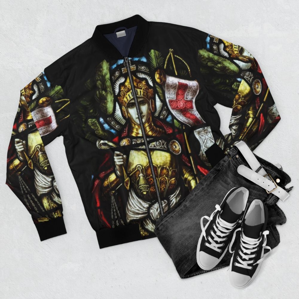 Archangel Michael Christian Cross Medieval Art Knight Bomber Jacket - Flat lay