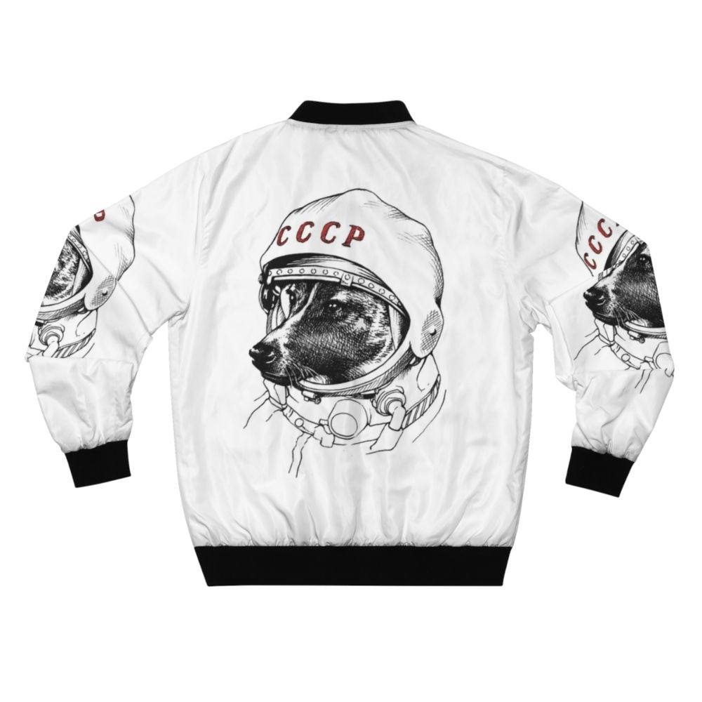 Space Traveler Bomber Jacket with a dog design, representing adventure and exploration. - Back