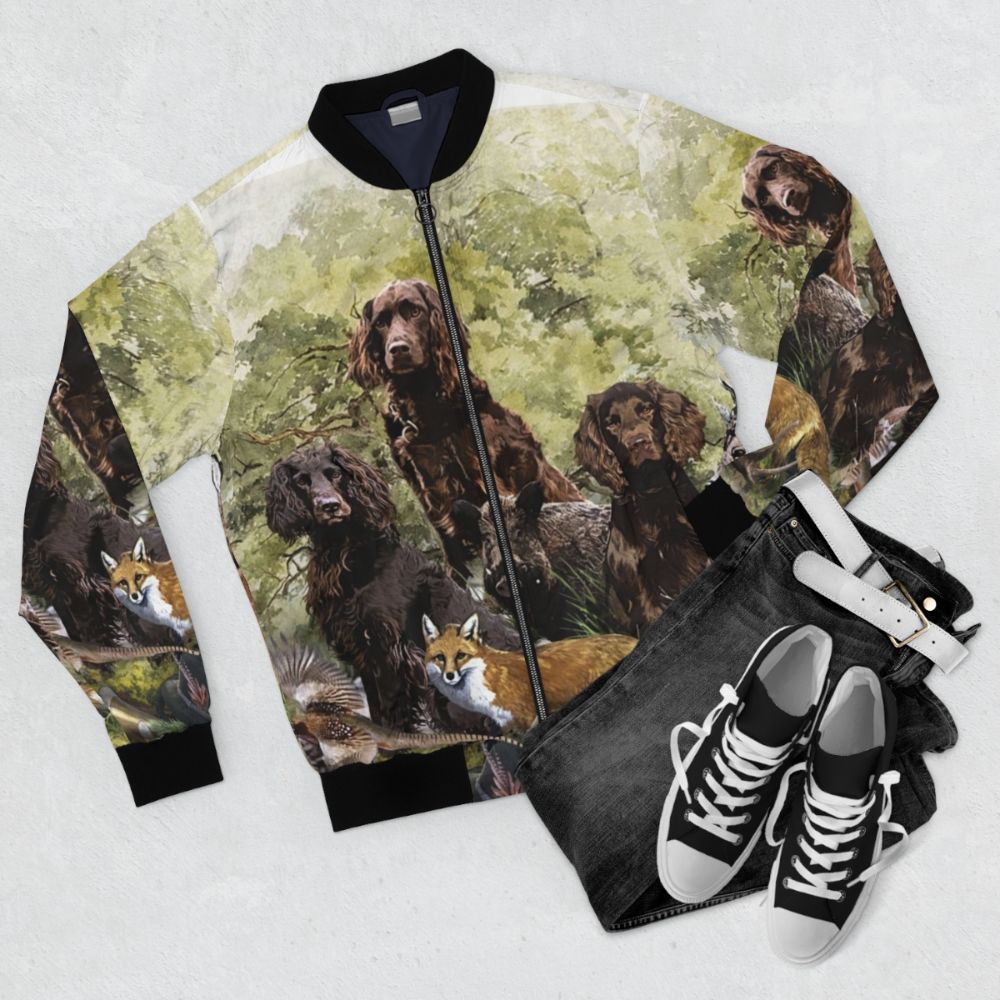 Bomber jacket featuring a German Spaniel (Wachtelhund), a versatile hunting dog breed - Flat lay