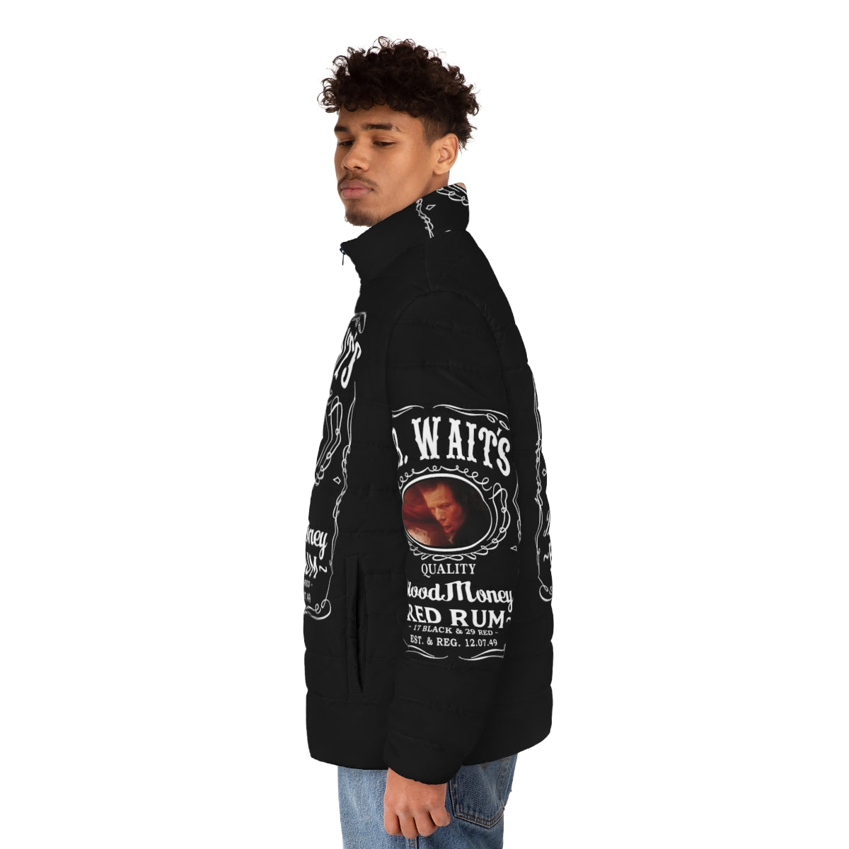 Haunted puffer jacket inspired by Tom Waits' "Blood Money" album - men side left