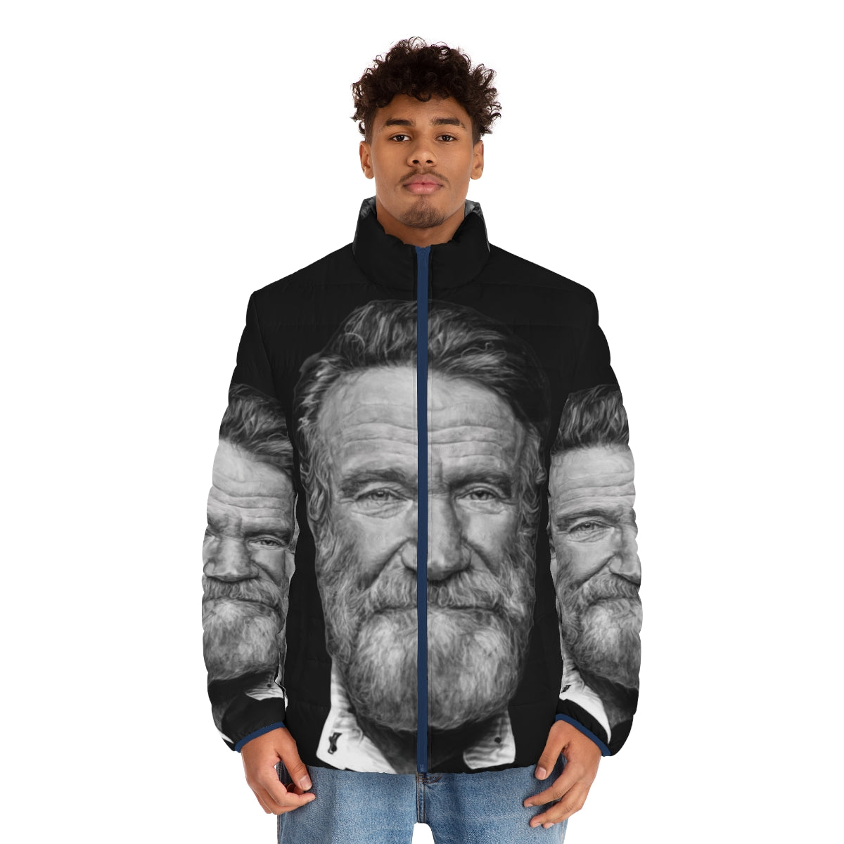 A puffer jacket featuring a portrait of the iconic actor and comedian Robin Williams. - men front