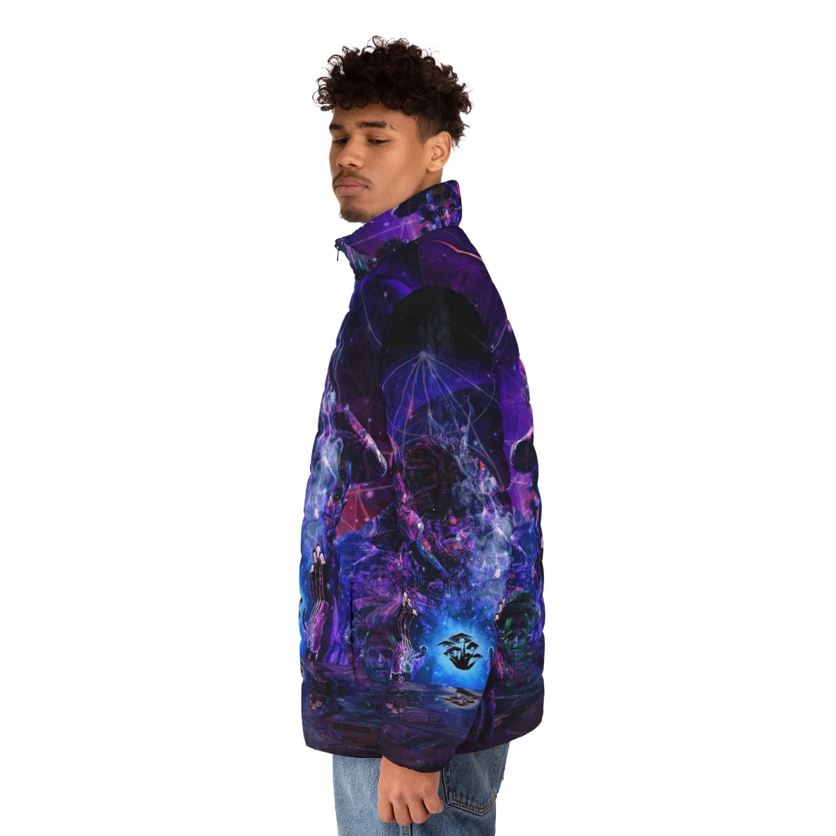 Colorful psychedelic fractal puffer jacket with mind-expanding visuals - men side left