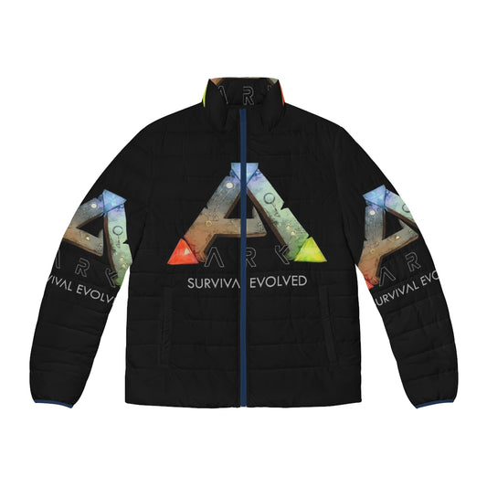 Ark Survival Evolved T-Rex Puffer Jacket featuring dinosaur graphics and outdoor-inspired design